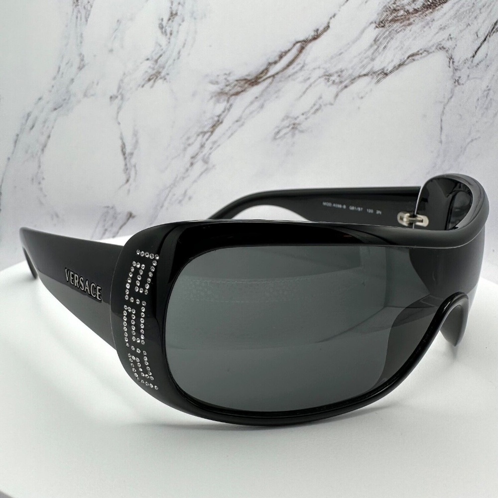 ❌SOLD ❌VERSACE Sunglasses New Black Crystals Logo Authentic Shield Wrap Visor - Picture 5 of 13